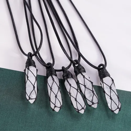 Vista 3 de Black Obsidian Healing Crystal Points Necklace Adjustable Rope Hexagonal Wrapped Braided Stone Pendant Necklace Handmade Gemstone Jewelry for Men