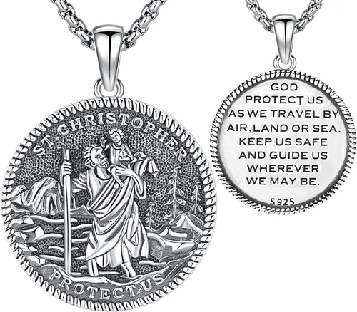 Vista 31 de Aniu 925 Sterling Silver Saint Medal Necklace Religious Amulet Jewelry Gift Concha de abulón - Redondo - Collar de San Cristóbal - H
