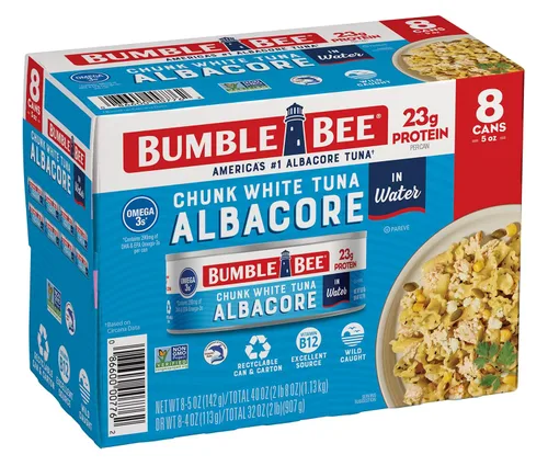 Vista 14 de Bumble Bee Trozos de atún blanco blanco en aceite, lata de 5 onzas, atún capturado en la naturaleza, 0.81 oz de proteína por porción, alto