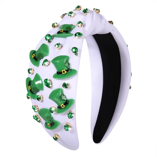 Vista 8 de boderier Diadema del día de San Patricio con sombrero de copa verde, diadema de trébol, accesorios de fiesta anudada de cristal con cuentas