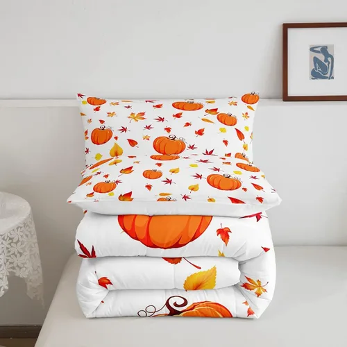 Vista 5 de Juego de edredón de calabaza de otoño, tamaño individual, juego de ropa de cama de hojas de arce para niños y niñas, cosecha de otoño, fruta