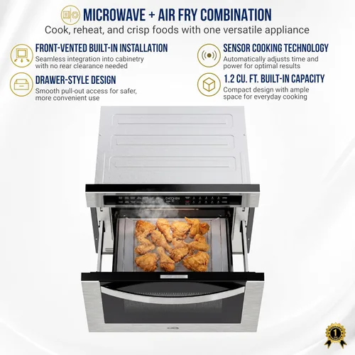 Vista 2 de KoolMore Cajón de microondas integrado de 24 pulgadas con freidora de aire, sensor de cocción, controles táctiles e interior de acero inoxidable