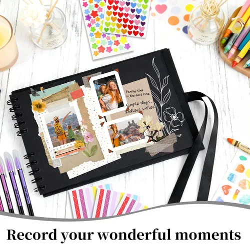 Vista 6 de Vienrose Álbum de recortes de 80 páginas, álbum de fotos de bricolaje con accesorios, libro de recuerdos de papel kraft negro para bodas