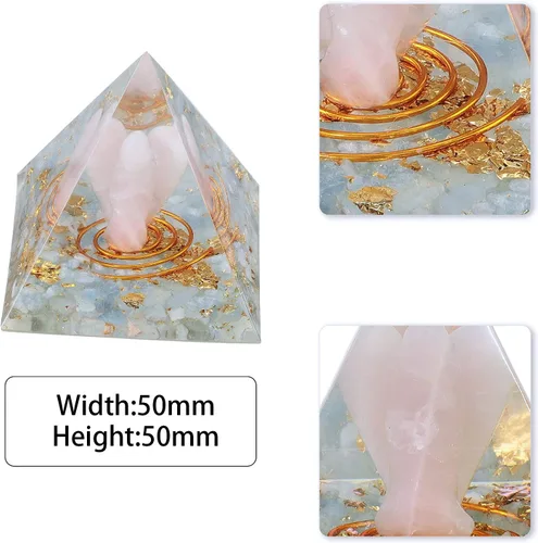 Vista 3 de mookaitedecor Pirámide de orgón de cristal aguamarina con ángel de la guarda de cuarzo rosa y piedras rodadas generador de energía de orgonita