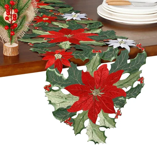 Vista 13 de GRANDDECO Camino de Mesa Navideño para Fiestas Campestres Bufandas de Tocador Bordadas con Flores de Nochebuena Navideñas Xmas para Casa Cocina Mesa