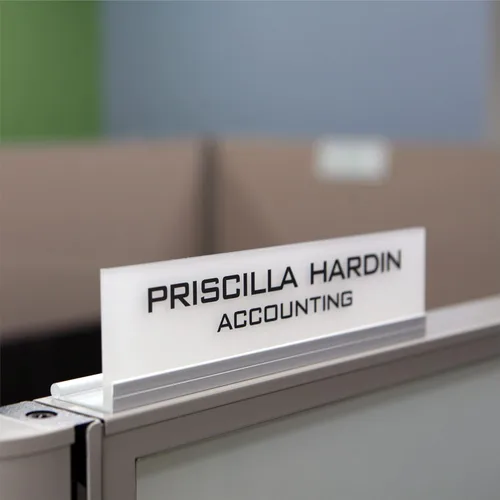 Vista 7 de Placa de identificación personalizada para cubículo de oficina. Soporte de aluminio moderno - 4 colores de placa (transparente transparente)