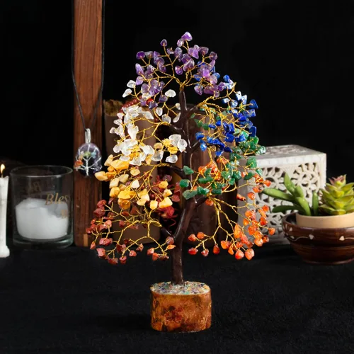 Vista 7 de Árbol de la vida de 7 chakras, árbol de dinero Feng Shui, árbol de piedras preciosas para energía positiva, árbol de cristal de siete chakras, atrae