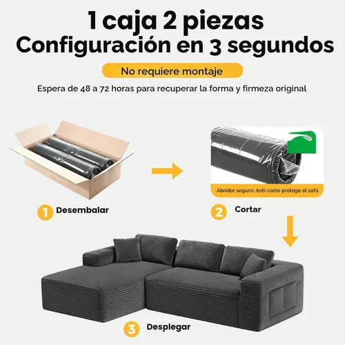 Vista 3 de CAMMOO Sofá Seccional Cloud de 108" en Una Caja, Sofá Seccional Modular Comprimido con Asiento Profundo, Sofás de Pana Sin Huesos, Sofá