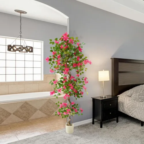 Vista 6 de Warmplants Árbol de buganvilla artificial de 6 pies con maceta blanca Rosa