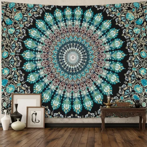 Vista 22 de Accnicc Tapiz bohemio con mandala floral para dormitorio, tapiz de pared con flores bohemias, pequeño, acuarela, azul, blanco, hippie, indio