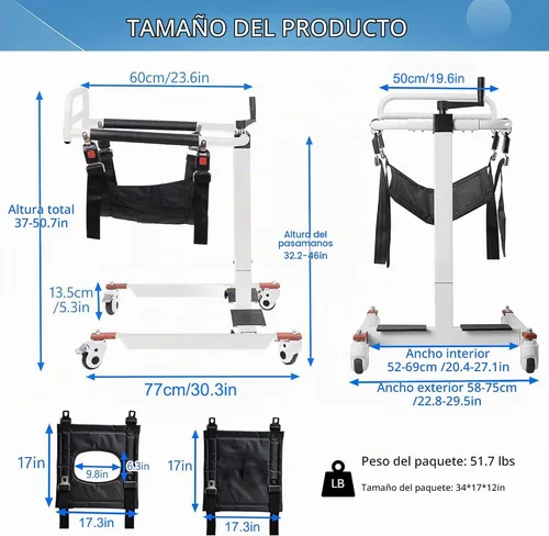 Vista 2 de Silla de transferencia elevadora para pacientes, ayuda de elevación portátil para ancianos/discapacitados, silla de transporte de cómoda de cabecera