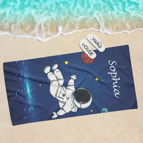 Vista 4 de Toalla de playa de astronauta de luz azul personalizada con nombre, toallas de baño a prueba de arena para natación y deporte, 30 x 60 pulgadas