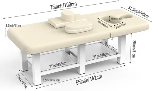Vista 2 de Mesa de masaje estacionaria ancha y gris beige con respaldo para mesa de tratamiento, mesa de terapia física, cama facial de spa, marco de metal