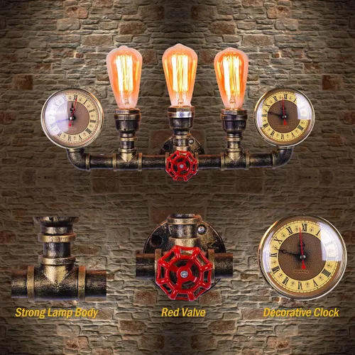 Vista 3 de Aplique de pared de tubo de agua de 3 luces, lámpara de pared Steampunk industrial retro en bronce antiguo