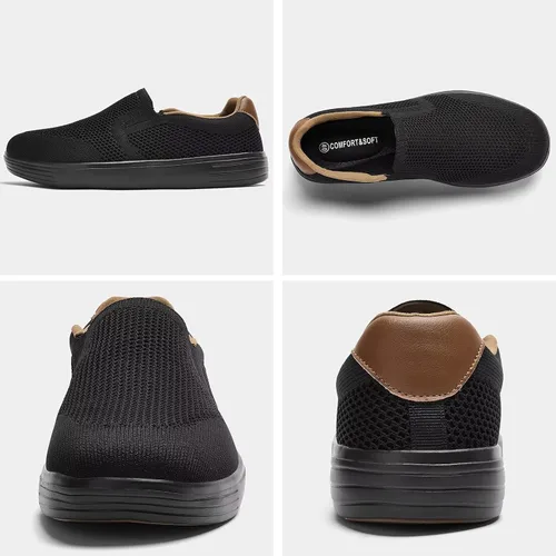 Vista 6 de Puxowe Men's Slip On Loafers, Comfy & Knit Walking Shoes with Arch Support Todo negro
