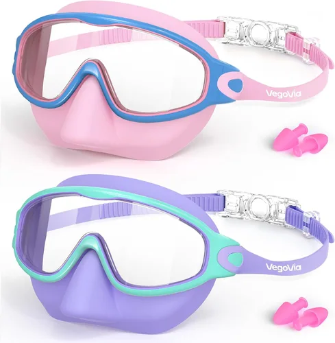Vista 9 de VegoVia Paquete de 2 gafas de natación para niños con cubierta para la nariz, gafas de natación antivaho con protección UV para niños y jóvenes de 3