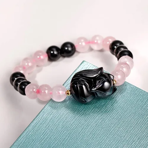 Vista 6 de Pulsera de cuarzo rosa con obsidiana negra y zorro para mujer, cristales curados y piedras preciosas Reiki, pulsera de buena suerte, Piedra, Cuarzo
