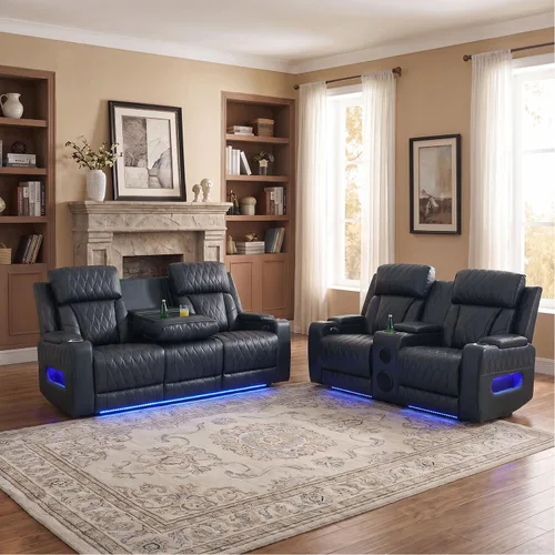 Vista 24 de Sofá reclinable con luces LED, sofá reclinable de cuero con dos asientos reclinables/puerto USB/consola de almacenamiento/soporte para vasos