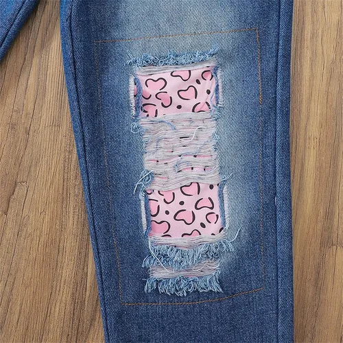 Vista 4 de PATPAT Conjuntos de 2 piezas para niña, conjuntos de pantalones de manga larga, camiseta y pantalones de mezclilla con cuello redondo, talla 5-12