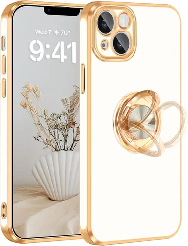 Vista 11 de Fingic - Funda para iPhone 13, soporte giratorio de 360°, soporte magnético Shiny Plating Gold Edge Slim Soft TPU Shockproof Protective Phone Case