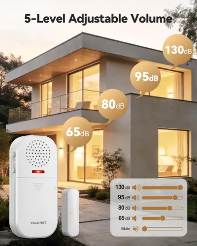 Vista 2 de TECKNET Alarma de puerta inalámbrica con control remoto, sensor de puerta de 130 dB con flash LED, 4 modos de alerta y 5 volúmenes ajustables