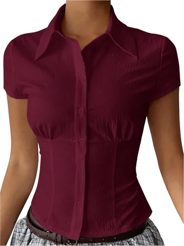 Vista 7 de SweatyRocks Camisas con botones para mujer, manga casquillo, blusa de trabajo elegante