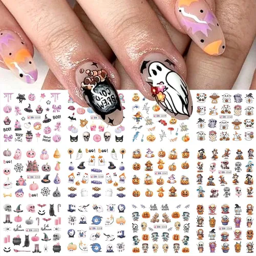Vista 13 de Calcomanías de arte de uñas de Halloween, calcomanías de transferencia de agua, 12 unidades, calabaza, esqueleto, araña, fantasma, hoja de arce