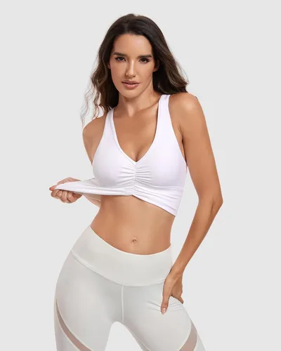 Vista 4 de Brasier deportivo fruncido con cuello en V para mujer, espalda cruzada, acolchado, para yoga, ropa deportiva que absorbe la humedad, corte bajo
