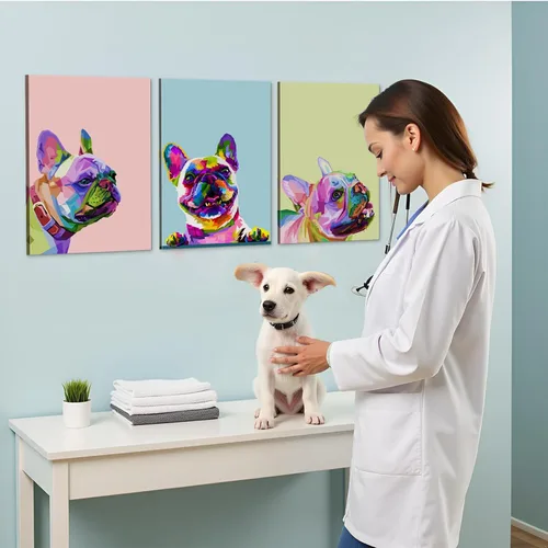 Vista 5 de 3 piezas de arte de pared en lienzo de bulldog francés, pintura de decoración de bulldog francés con marco interior de madera