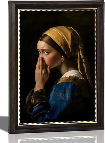 Vista 10 de Pintura clásica de Mona Lisa enmarcada en oro, arte de pared de baño, póster divertido de humor divertido para baño, impresión en lienzo de baño