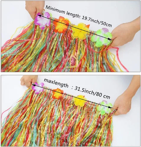 Vista 4 de Falda hawaiana de hierba de bailarina hula hawaiana, colorida, tropical, Luau, flor, Leis, diadema, collares, pulseras, suministros para fiestas