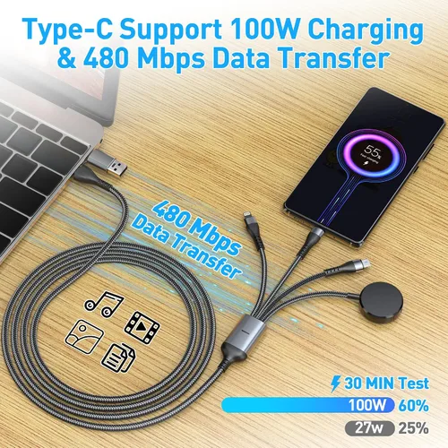Vista 5 de Cable de cargador múltiple 4 en 1 de 100 W para Samsung Galaxy Watch 8/7 6/5/4/3, Galaxy w-atch Classic 8/7/6/5/4, cargador magnético de teléfono