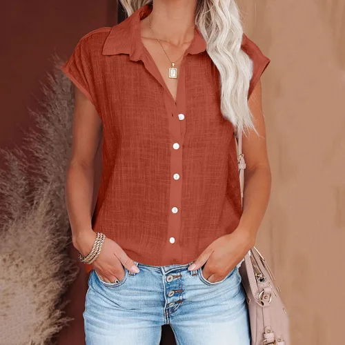 Vista 28 de Ceboyel Camisas para mujer de moda de verano, algodón, lino, manga corta, cuello con botones, blusa casual para mujer 2023