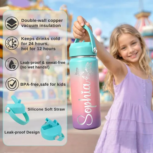Vista 6 de Personalized 18oz Kids Water Bottle with Engraved Name Text Back to School Custom Stainless Steel Insulated Water Bottle for School, Personalized