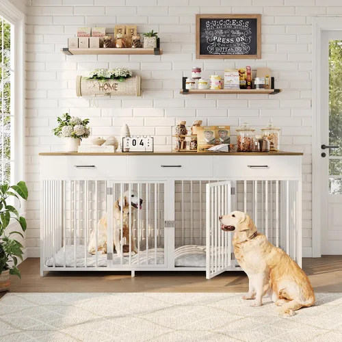 Vista 3 de HOSTACK Muebles de Jaulas Dobles para Perros, Perrera Interior de 71 Pulgadas de Ancho con 3 Cajones, Jaula para Perros Estilo Granja para 2 Perros