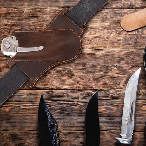 Vista 5 de Funda de cuero para cuchillo, soporte para cuchillos de bolsillo, organizador de bolsillo para cinturón EDC, hecha a mano con dibujo cruzado