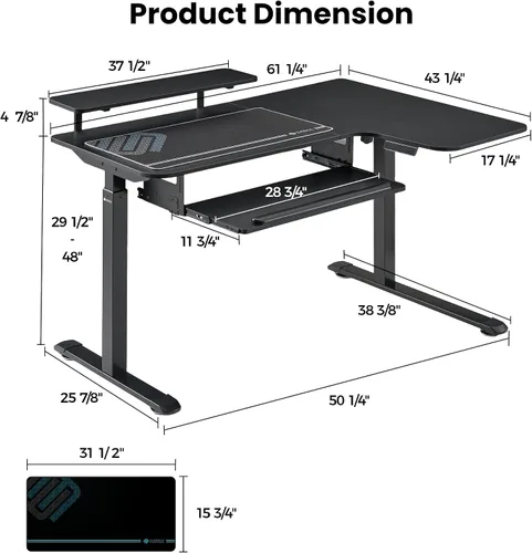 Vista 3 de EUREKA ERGONOMIC Escritorio eléctrico de pie en forma de L de 55 pulgadas, escritorio para juegos de computadora de altura ajustable con bandeja