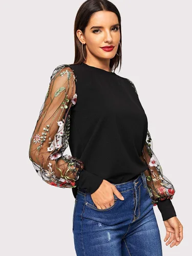 Vista 5 de Romwe Blusa casual holgada con mangas de obispo bordadas y bordadas para mujer