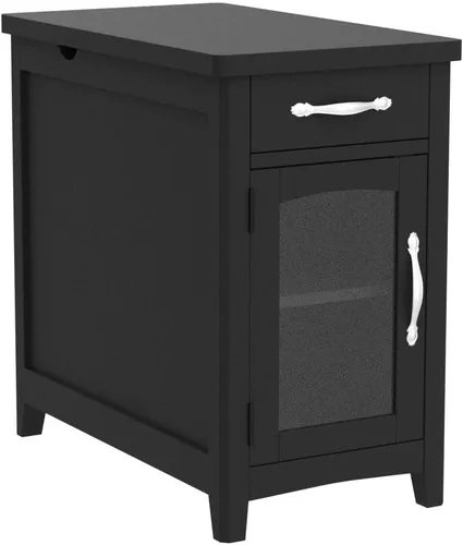 Vista 6 de LINSY HOME - Mesa auxiliar con estación de carga, mesa lateral para dormitorio con cajón y soporte desmontable, estante de almacenamiento con puerta