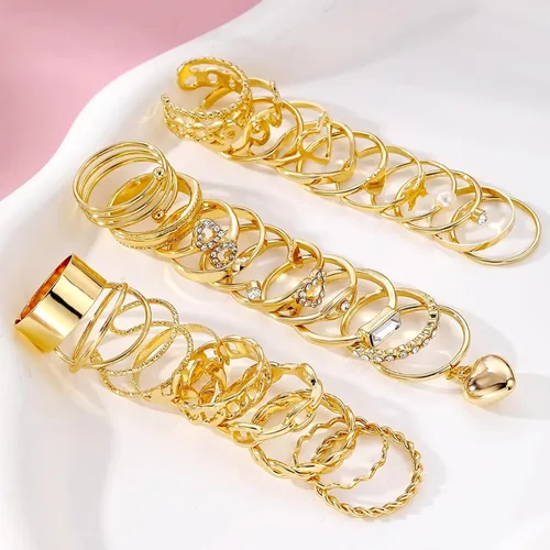 Vista 4 de 17IF Juego de anillos dorados vintage para mujer, diseño bohemio de cristal estético, perla, mariposa, grueso, apilable, paquete de anillos midi