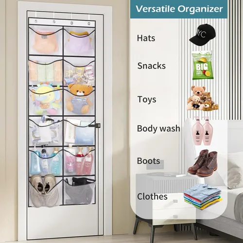 Vista 5 de KIMBORA Organizador de zapatos para colgar sobre la puerta, 12 bolsillos grandes de malla, color blanco y 10 niveles para almacenamiento de puerta