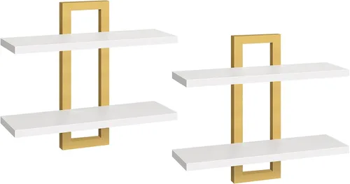 Vista 17 de HOOBRO - Estantes flotantes, juego de 2 estantes de pared de 15 pulgadas, estantes de almacenamiento montados en la pared de 2 niveles, estantes