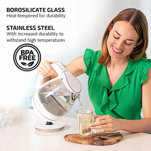 Vista 3 de Ovente Hervidor eléctrico de vidrio, 1.5 litros de vidrio de borosilicato sin BPA, calentador de encimera de ebullición rápida y hervidor eléctrico