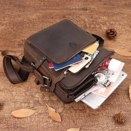 Vista 7 de HUMERPAUL Bolso de mensajero de cuero para hombres y mujeres, bolso de mano cruzado para el trabajo y negocios, Café Mh573