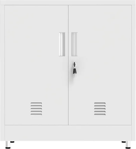 Vista 8 de Armario de almacenamiento de metal con puertas de bloqueo y estante ajustable, pequeño aparador con cerradura para el hogar, oficina, entrada, Blanco