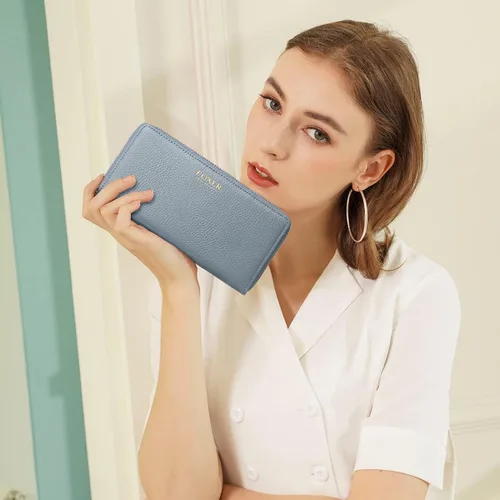 Vista 6 de FOXLOVER Carteras de cuero genuino para mujer carteras de embrague con cremallera RFID con pulsera