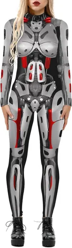 Vista 9 de Enterizo de mujer con estampado de esqueleto de robot mecánico 3D para Halloween, disfraz de cosplay