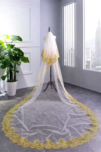 Vista 2 de elliehouse Oro Encaje de la mujer 2pisos boda nupcial velo con peine S02