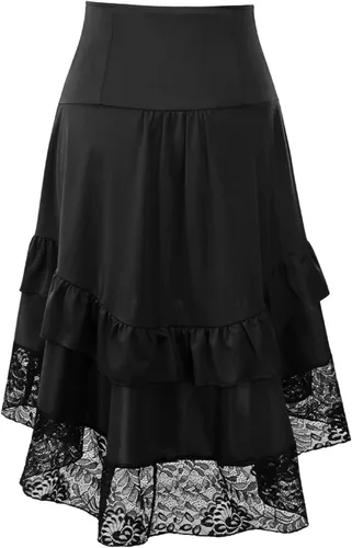 Vista 3 de symoid Falda gótica steampunk para mujer, falda asimétrica plisada gótica con dobladillo de encaje floral