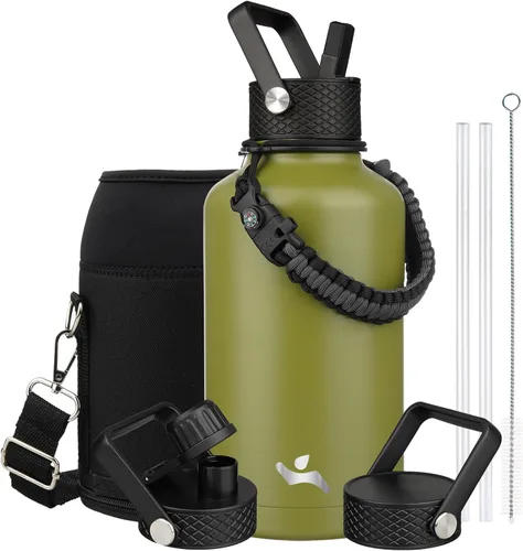 Vista 89 de Konokyo - Botella de agua aislada de 18 onzas, botellas deportivas de acero inoxidable con 3 tapas, verde militar